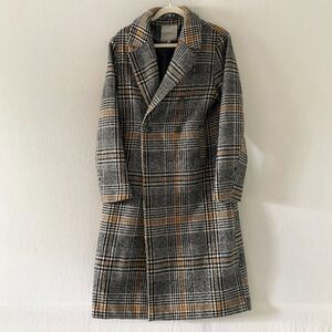 ICHI Sorba Wool Blend Double Breasted Checked Plaid Long Pea Coat Size 38/M
